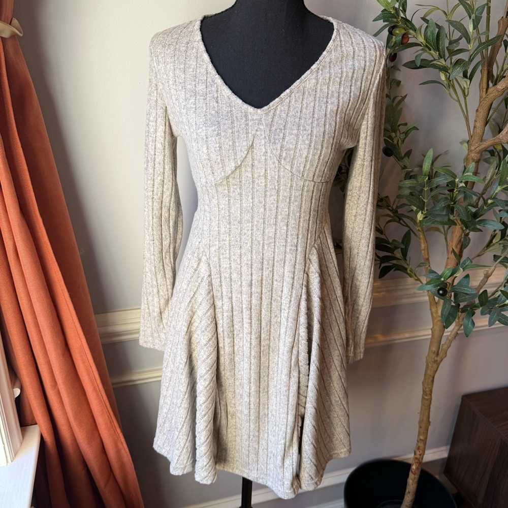 Halara Ribbed Knit Fit & Flare Dress Long Sleeve‎ Beige Small